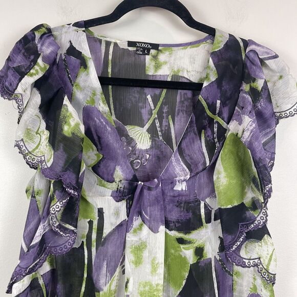 XOXO Women Y2K Floral Top Large Multi Floral Cap Sleeve Sheer 90s Artsy Eclectic - Picture 3 of 9